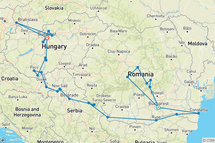 Mapa de Descubrimiento del Bajo Danubio con Transilvania 2027 - 20 Días