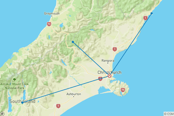 Carte du circuit 6 jours à Christchurch : Explorez Kaikoura, Arthur's Pass et Mt Cook avec des visites guidées d'une journée