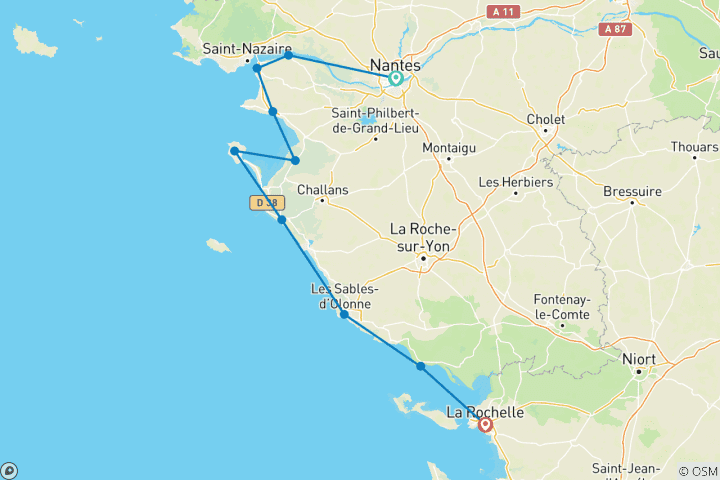 Karte von Atlantikküste – Vélodyssée von Nantes nach La Rochelle (8 Tage)
