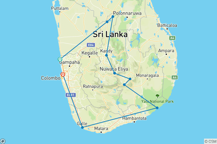 Carte du circuit Cyclotourisme au Sri Lanka (Backroads)