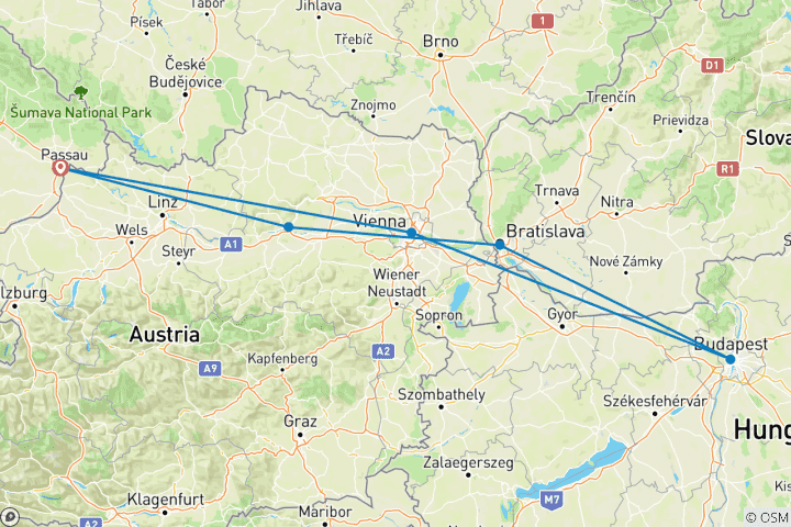 Karte von Silvesterkreuzfahrt auf der Donau (Passau - Passau) (6 Destinationen)