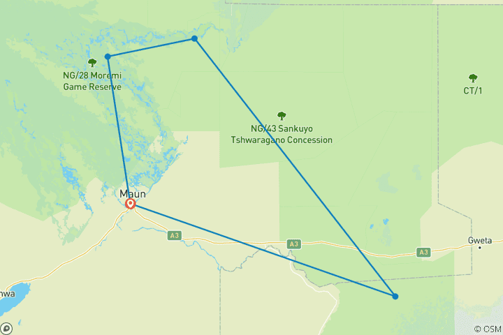 Carte du circuit Safari de 5 jours à Boteti, Moremi, Khwai et Makgadikgadi Pans