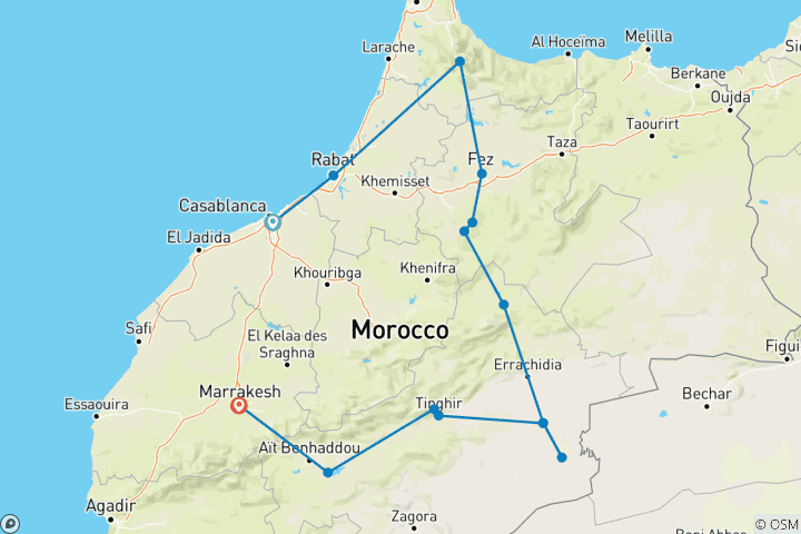Kaart van 8-daagse rondreis door Marokko vanuit Casablanca: de Sahara en de keizerlijke steden