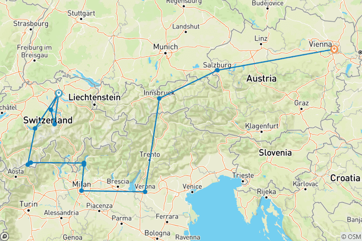 Map of 10 Days Private Tour through Switzerland Italy and Austria