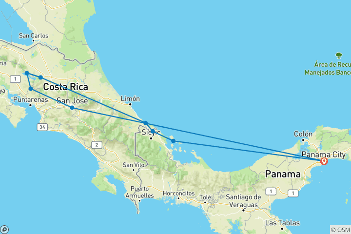 Karte von Panama & Costa Rica – Karibik trifft Vulkane
