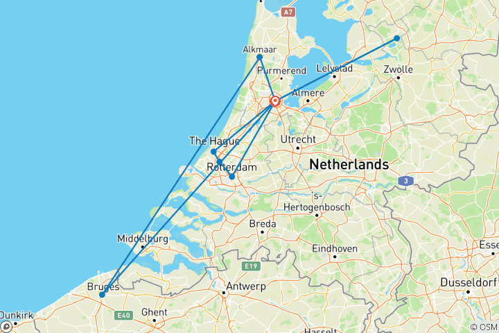 Carte du circuit 6 jours à Amsterdam : Découvrez les marchés aux fromages, Bruges, Giethoorn et les villes emblématiques des Pays-Bas
