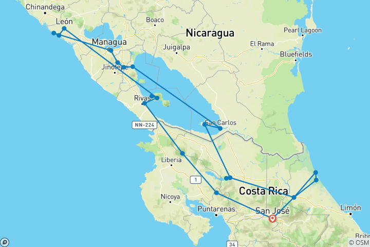 Map of Costa Rica and Nicaragua - Natural Treasures and Cultural Heritage