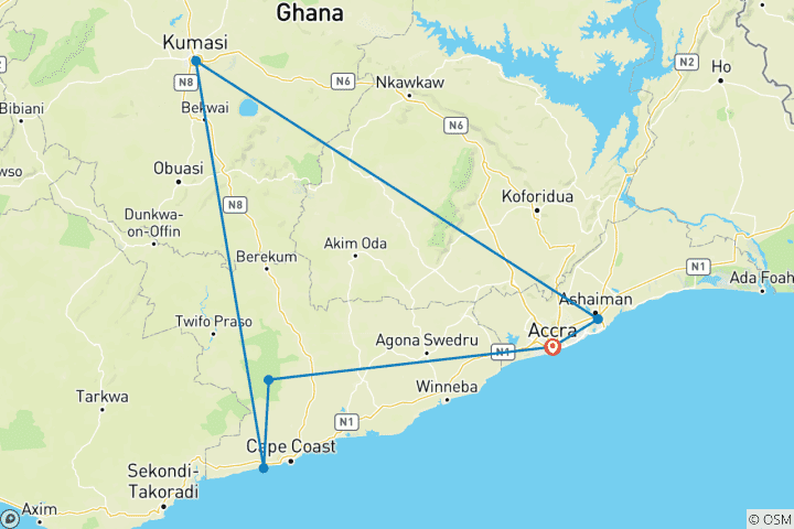Kaart van Ghana Golf, Cultuur & Geschiedenis Tour (9 Dagen / 8 Nachten)