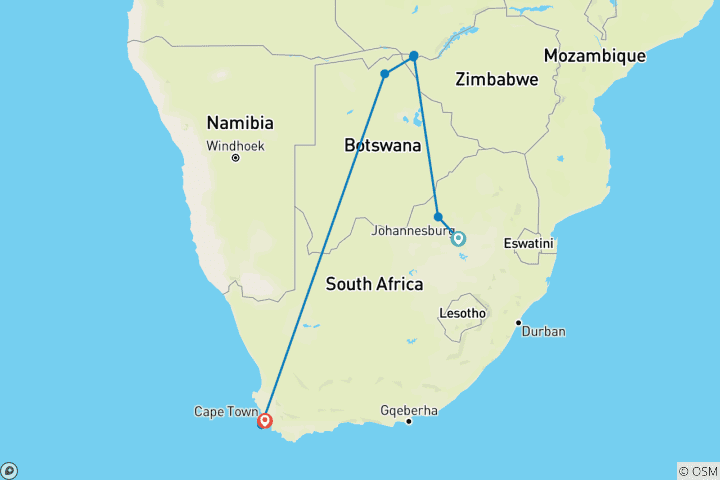 Karte von 【Südafrika, Sambia, Simbabwe,Botswana】11-Tage Tour Paket mit Pilanesberg National Park & Victoria Falls,Chobe National Park