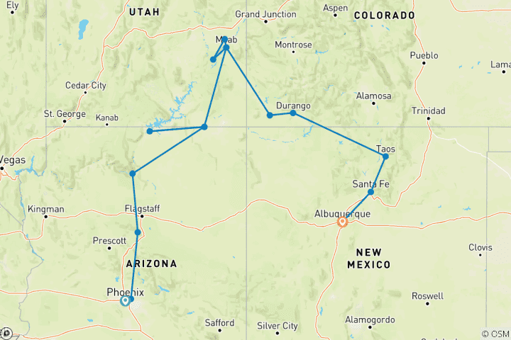 Mapa de Senderos llenos de color del Suroeste (Finales de Albuquerque, EE.UU. Tasas de Parque Nacional para No Residentes)