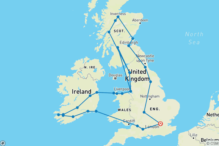 Carte du circuit Exploration de la Grande-Bretagne et de l'Irlande - Premium (petit groupe) (32 destinations)