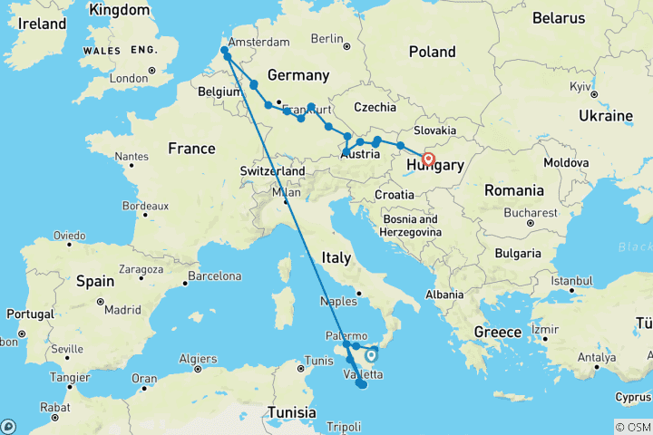 Carte du circuit Trésors de Sicile et de Malte avec European Gems Catane → Budapest (2027)