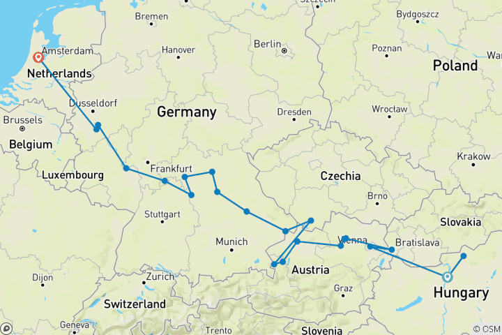 Mapa de Joyas europeas con Budapest Budapest → Amsterdam (2027)