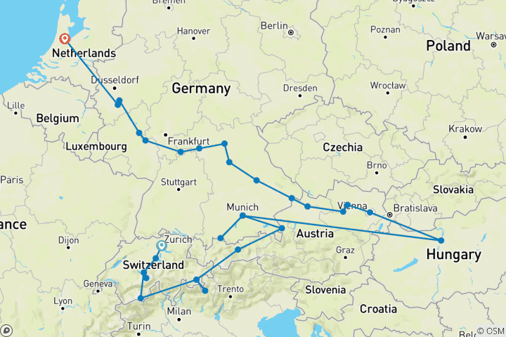 Mapa de Descubre los Alpes en tren con «European Gems»: Zúrich - Ámsterdam (2027)