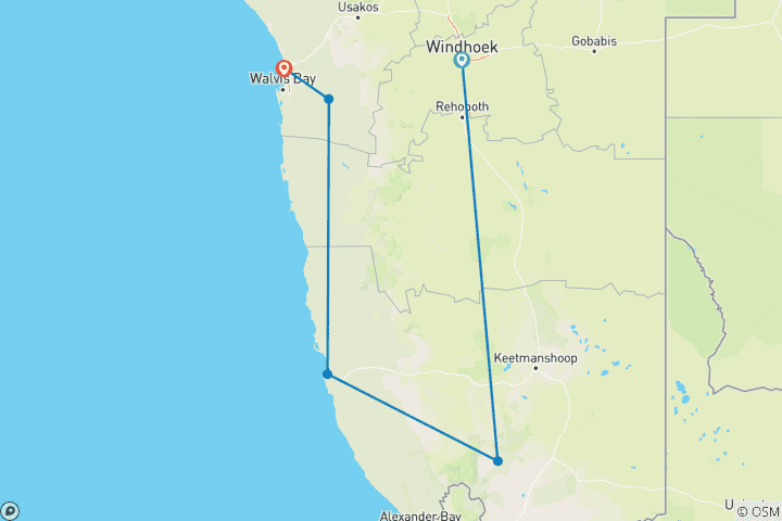 Kaart van 10 DAGEN - HET BESTE VAN NAMIBIË ZUIDELIJKE ODYSSEE VAKANTIE