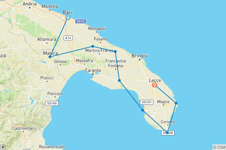 Carte du circuit Circuit à vélo dans les Pouilles, de Matera à Lecce