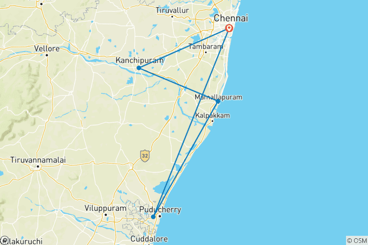 Map of 3-Day Chennai, Mahabalipuram & Pondicherry Tour | Tamil Nadu Heritage & Beach Escape