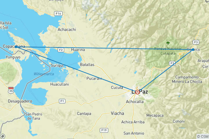 Carte du circuit 11 jours Bolivie : aventure totale, vélo, trekking & haute altitude
