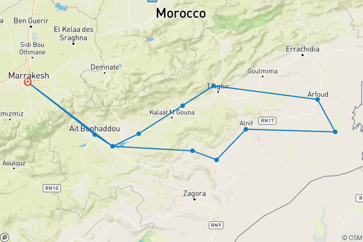 Carte du circuit Excursion de 3 jours de Marrakech au désert de Merzouga avec randonnée chamelière