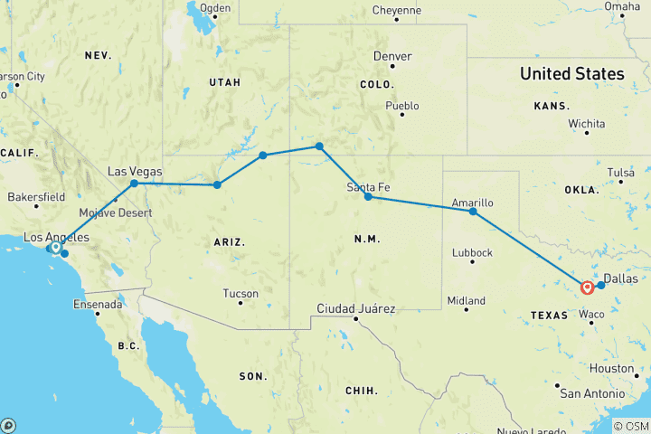 Kaart van USA: LA naar Dallas (USA National Park Non Resident Fees)
