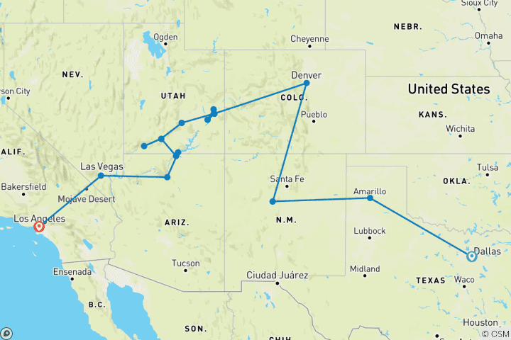 Carte du circuit USA : Road Trip des Parcs Nationaux (Fin Las Vegas, USA National Park Non Resident Fees)