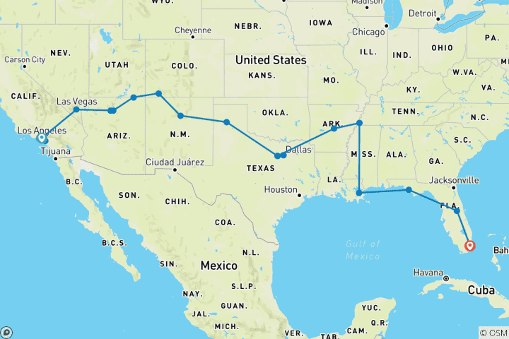 Map of USA: LA to Miami (USA National Park Non Resident Fees)