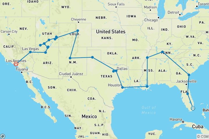 Kaart van USA Road Trip (Einde Las Vegas, USA National Park Non Resident Fees)