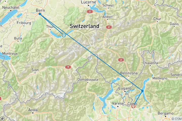 Carte du circuit De Vicenza à Interlaken et au lac de Côme