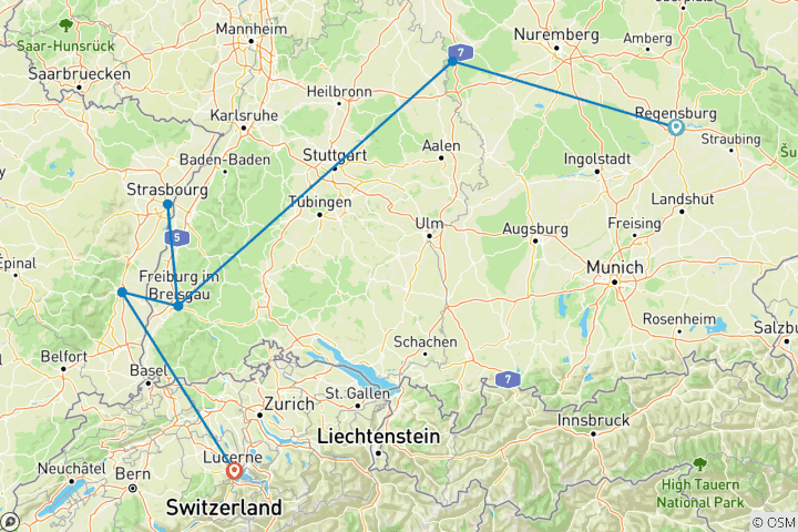 Carte du circuit Les marchés de Noël enchanteurs d'Allemagne, de France et de Suisse (de Munich à Lucerne) (2027)