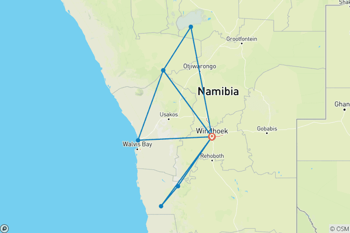 Carte du circuit 13 -JOURS LE MEILLEUR DE LA NAMIBIE SAFARI NON GUIDÉ DU WANDERER