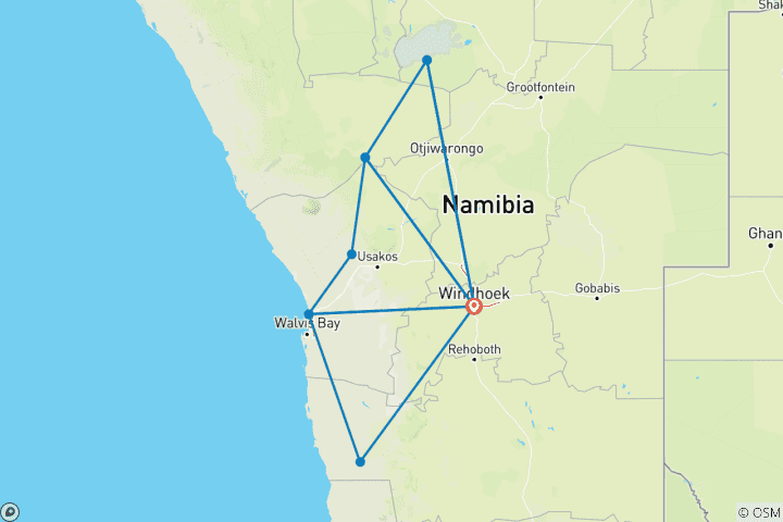 Kaart van 14 -DAAGSE NAMIBIË HOOGTEPUNTEN-DUINWOESTIJN