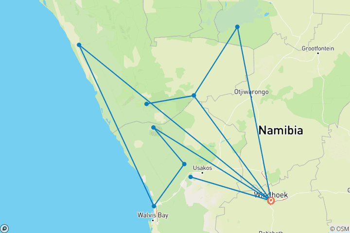 Carte du circuit SAFARI NATIONAL DE 16 JOURS EN NAMIBIE : DARAMALAND, ETOSHA, SWAKOPMUND