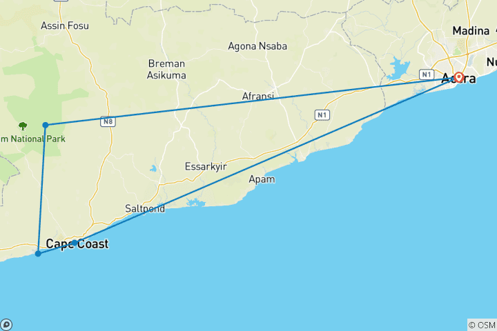 Carte du circuit Safari aventure au Ghana 5 jours / 4 nuits