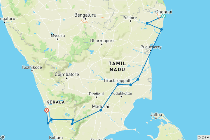 Kaart van Rondreis door Zuid-India vanuit Chennai