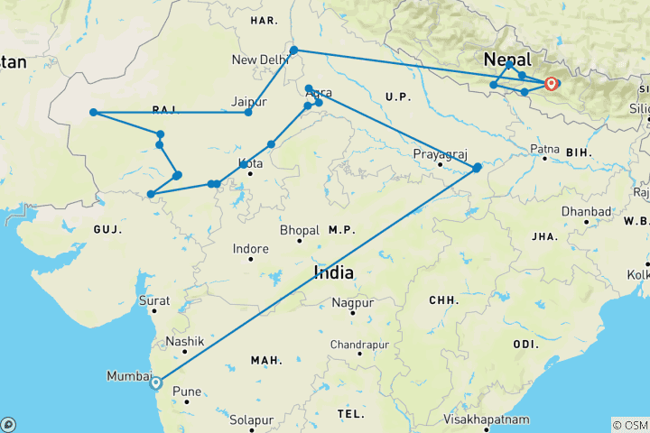 Karte von Indien und Nepal Rundreise