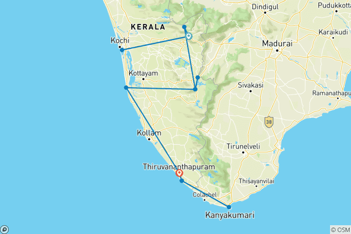 Kaart van Kerala met Alleppey Tour