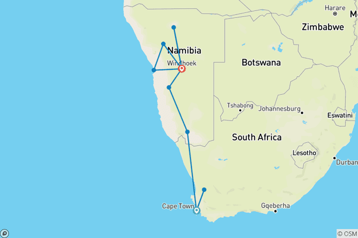 Map of 17 DAYS -UBUNTU CAPE TOWN TO NAMIBIA