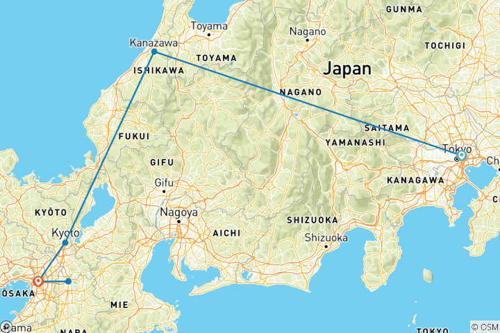 Mapa de Odisea Cultural de 14 Días: Tokio, Kanazawa, Kioto y Osaka (Con Guía Privado y Coche Chárter)