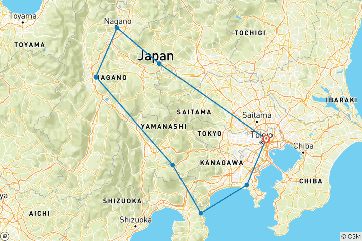 Carte du circuit 14 jours d'expérience enchanteresse dans le Kanto : Tokyo, Atami et Nagano (avec guide privé et voiture affrétée)