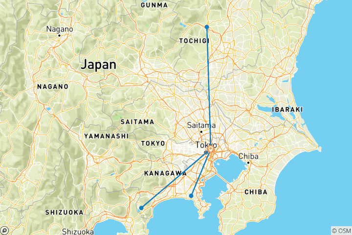 Kaart van 12-daagse Tokio en Kanto-regio: Tokio, Nikko en Hakone (privé auto met gids & charter)