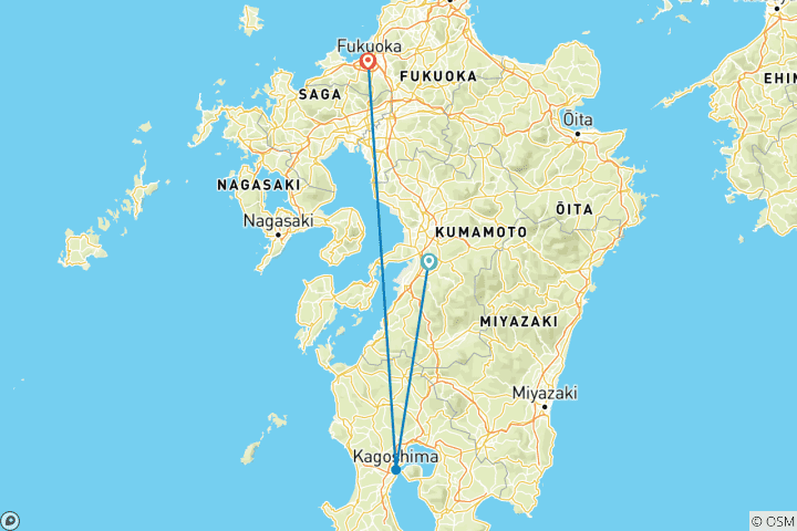 Carte du circuit 10 jours d'aventure à Kyushu au Japon (avec guide privé et voiture affrétée)