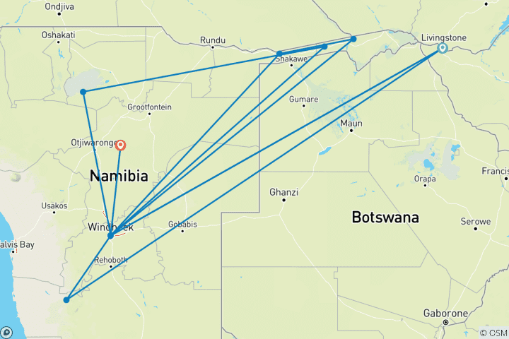 Karte von 21 TAGE SAFARI IN SAMBIA, VICTORIA FALLS UND NAMIBIA