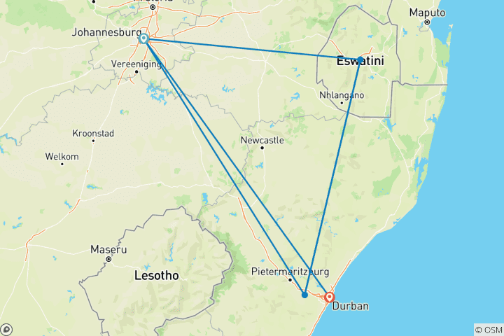 Map of 9 -DAYS SOUTH AFRICA KRUGER PARK AND THE ESWATINE KINGDOMS
