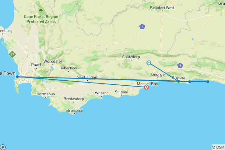 Karte von 7 -TAGE SÜDAFRIKA -OUTSHOORN -Knysna-Tsitsikamma-Plettenberg Bay-Mossel Bay