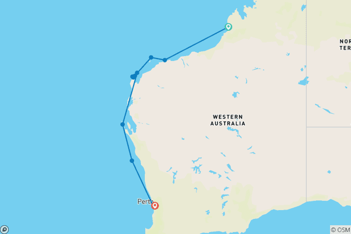 Map of Coral Coast Adventure Broome → Perth (2027)