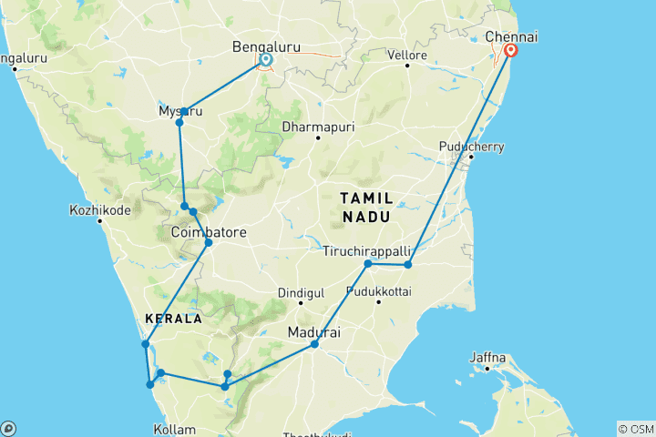 Mapa de Gran Experiencia del Sur de la India, Karnataka, Tamil Nadu y Kerala