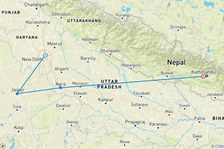 Karte von Goldenes Dreieck mit Kathmandu Verlängerung | Indien Nepal Tour Paket - Taj Mahal, Jaipur & Himalaya Abenteuer