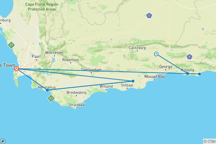 Kaart van 8-DAAGSE ZUID-AFRIKA TUIN-ROUTE-SAFARI EN WIJNLANDEN