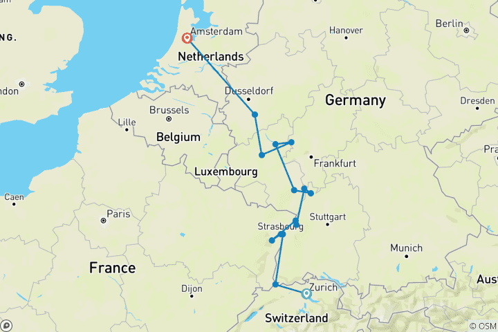 Carte du circuit Points forts du Rhin 2026 - 8 jours (15 destinations)