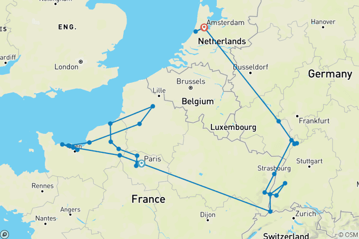Carte du circuit Croisière historique et commémorative de la Seconde Guerre mondiale révélée par la Seine et le Rhin